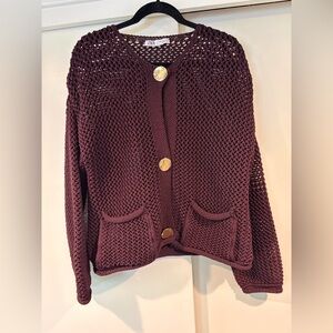 Zara Open Knit Button Cardigan in Deep Wine with Gold Buttons